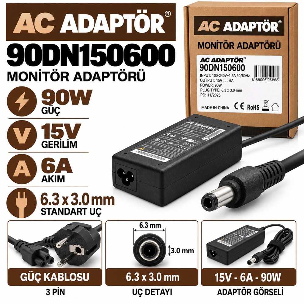 AC ADAPTÖR 90DN150600 90W 15V 6A / 6.3 × 3.0 mm Monitör / Standart Uçlu Monitör Adaptörü
