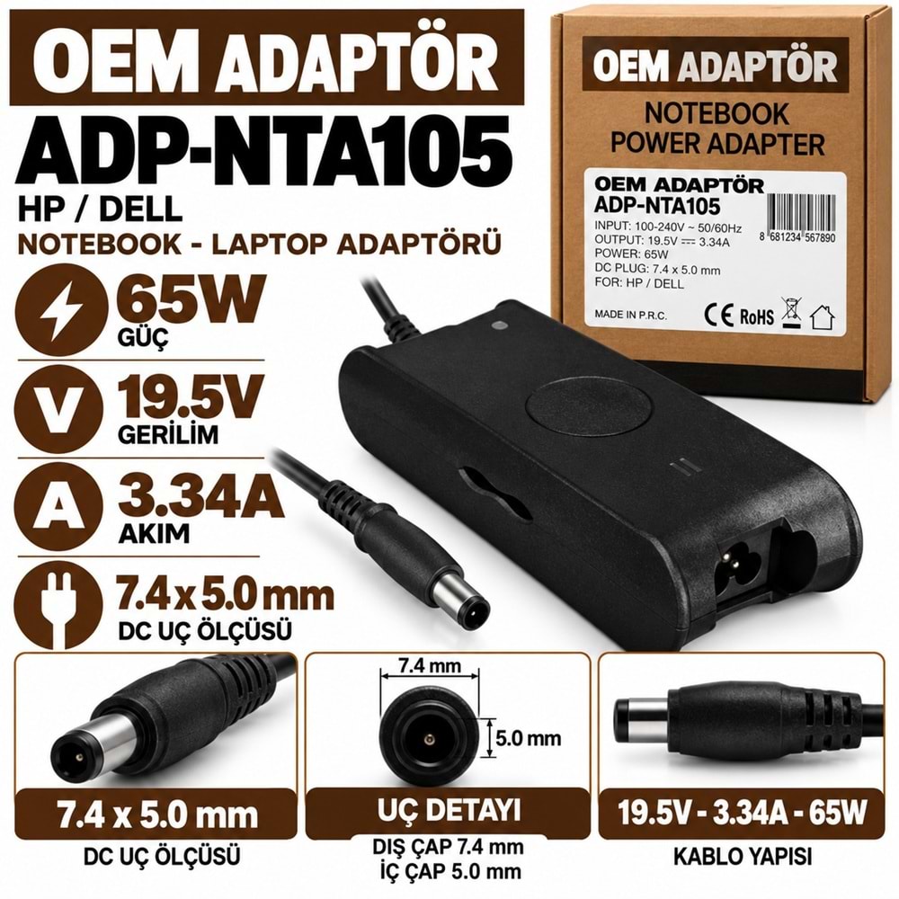 OEM ADAPTÖR ADP-NTA105 65W 19.5V 3.34A / 7.4 × 5.0 mm HP / Dell Notebook - Laptop Adaptörü