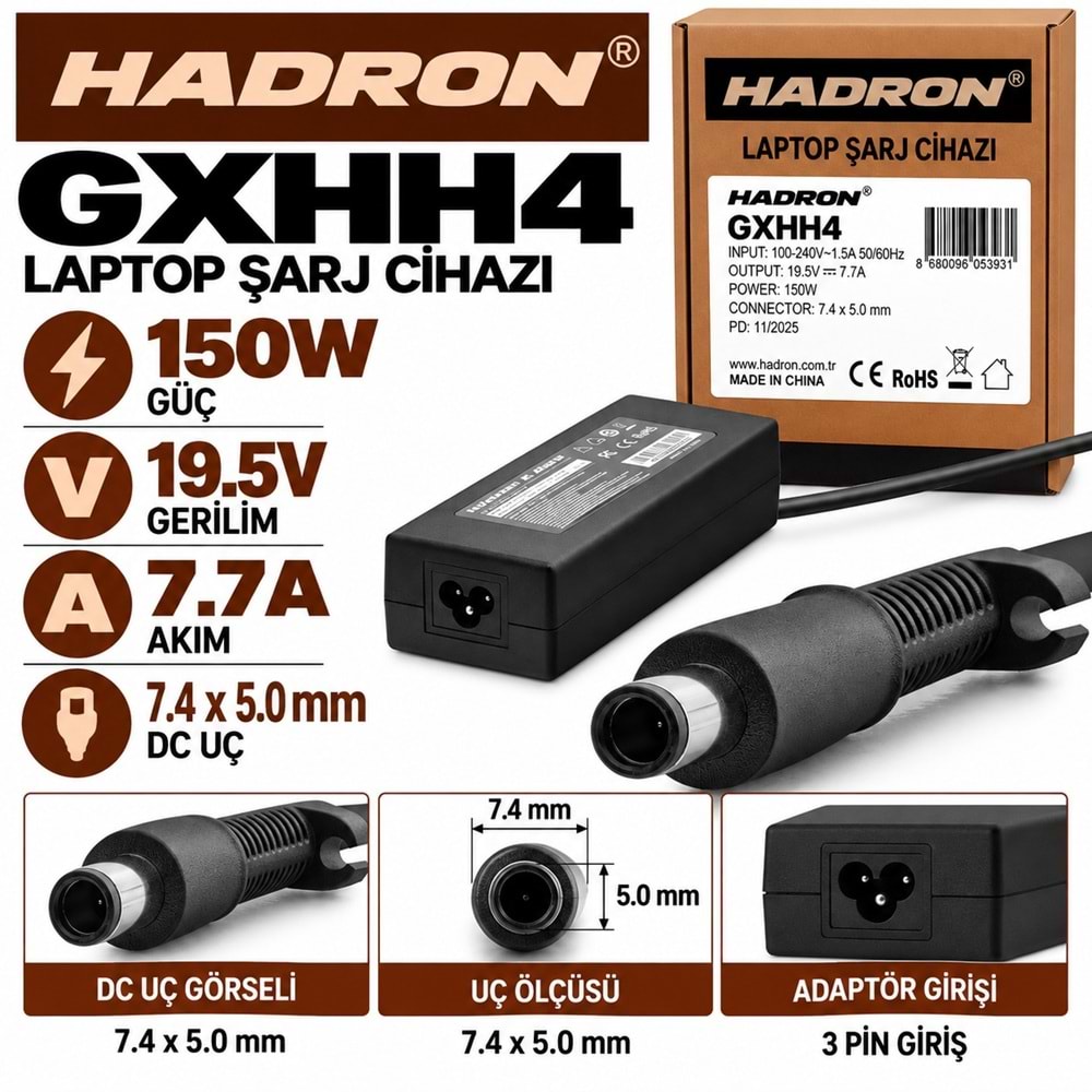 HADRON GXHH4 150W 19.5V 7.7A 7.4x5.0 mm Dell HP Laptop-Notebook Adaptörü