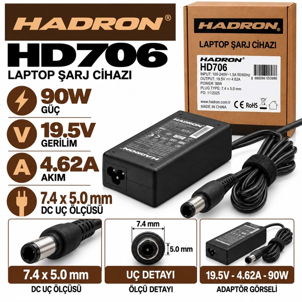 HADRON HD706 90W 19V 4.62A / 7.4 × 5.0 mm Dell / HP / Notebook - Laptop Adaptörü