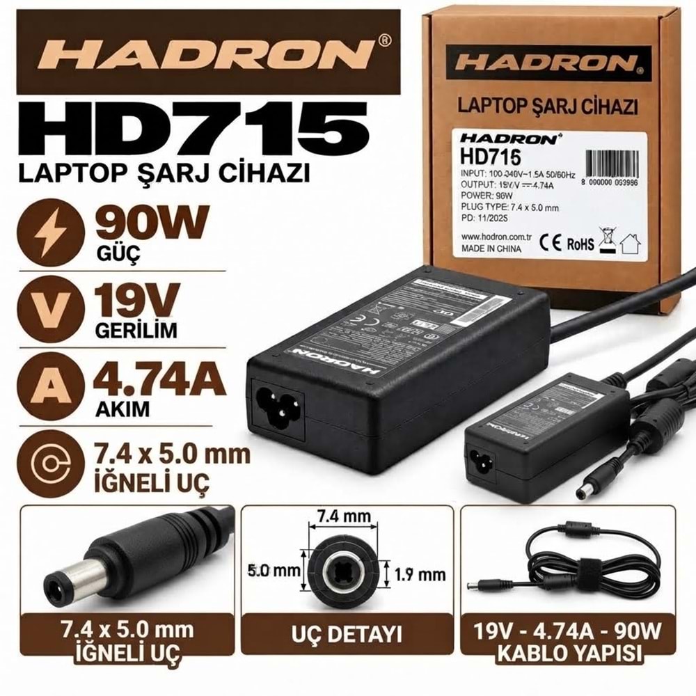 HADRON HD715 90W 19V 4.74A / 7.4 × 5.0 mm Dell / HP / Notebook - Laptop Adaptörü