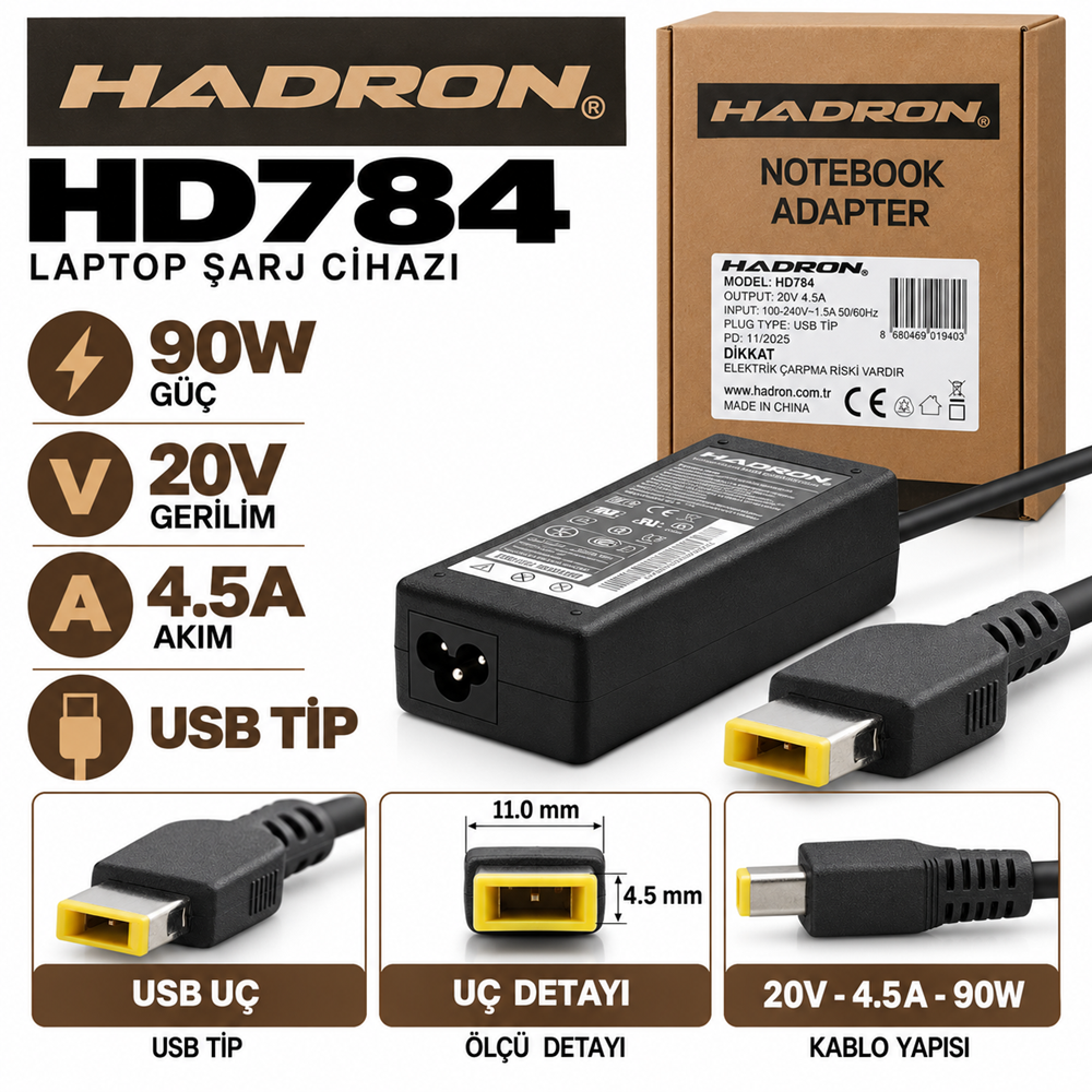 HADRON HD784 90W 20V 4.5A USB Uç IBM / Lenovo / ThinkPad / Notebook - Laptop Adaptörü
