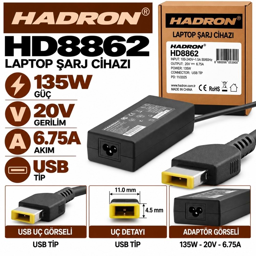 HADRON HD8862 135W 20V 6.75A USB Uç Lenovo Laptop-Notebook Adaptörü