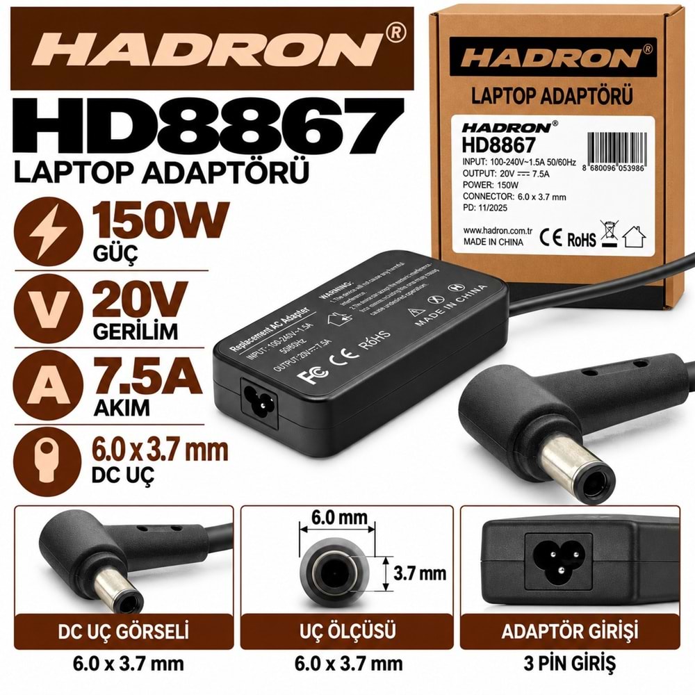 HADRON HD8867 150W 20V 7.5A 6.0x3.7 mm Asus Laptop-Notebook Adaptörü