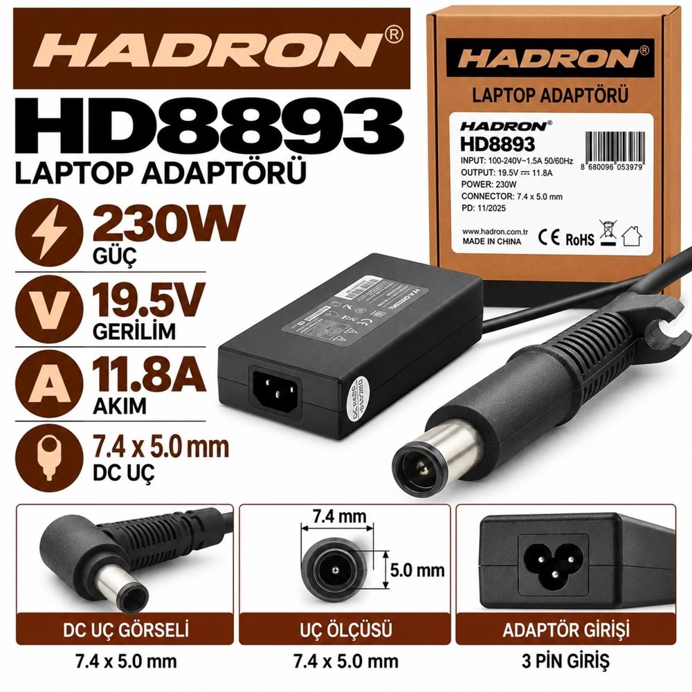 HADRON HD8893 230W 19.5V 11.8A 7.4x5.0 mm Asus MSI Casper Laptop-Notebook Adaptörü
