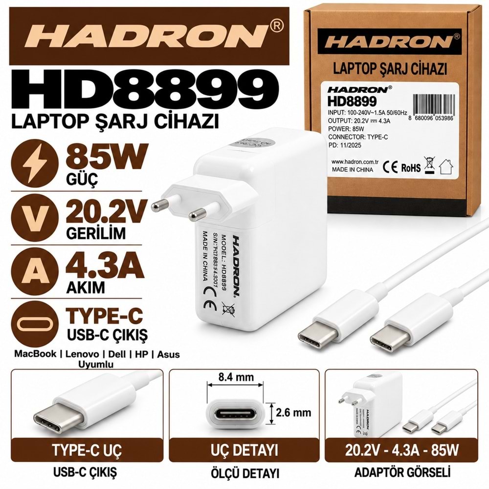 HADRON HD8899 85W 20.2V 4.3A Type-C Uç MacBook Lenovo Dell HP Asus Laptop-Notebook Adaptörü