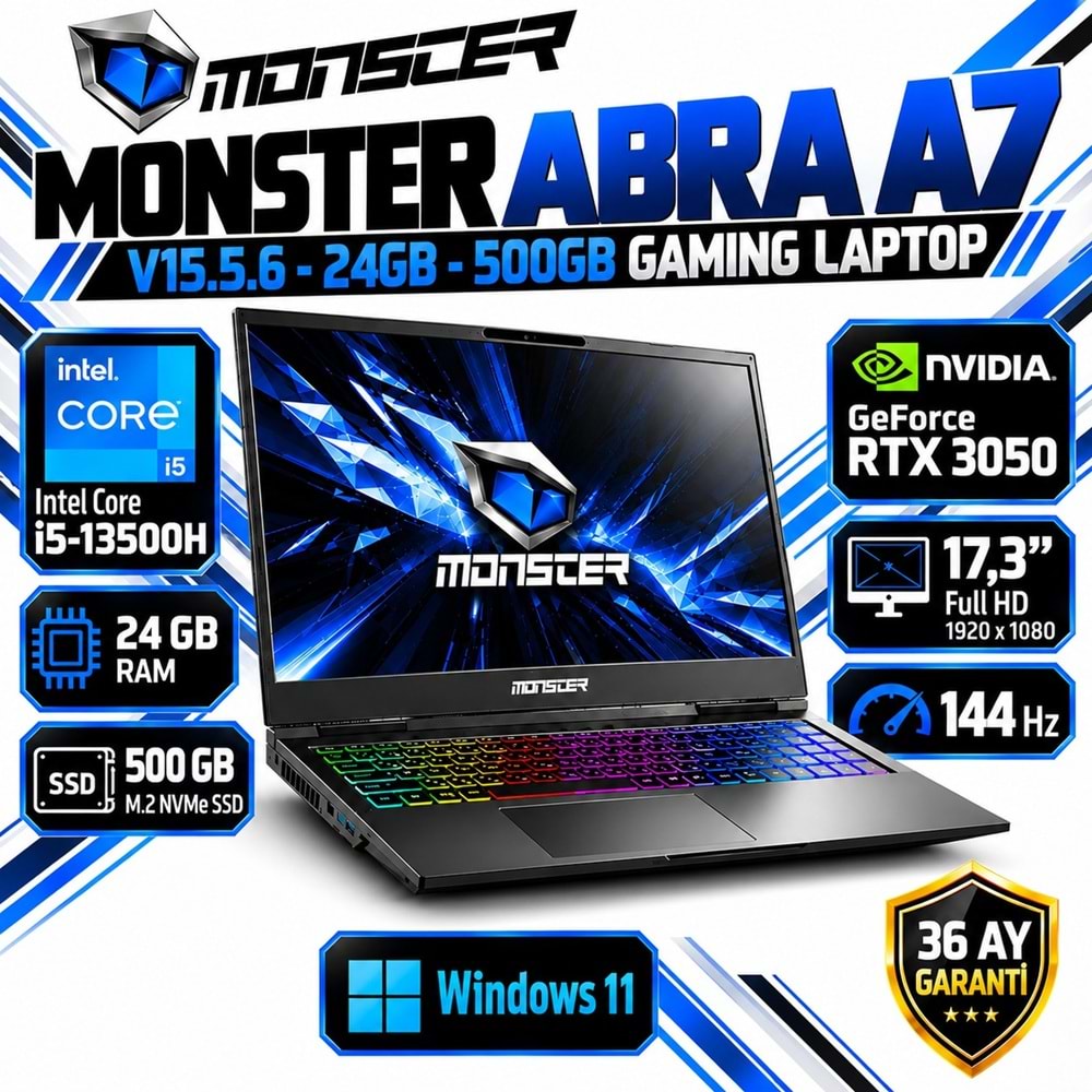 Monster Abra A7 V15.5.6 i5-13500H 24GB RAM 500GB M.2 NVMe SSD RTX 3050 17.3