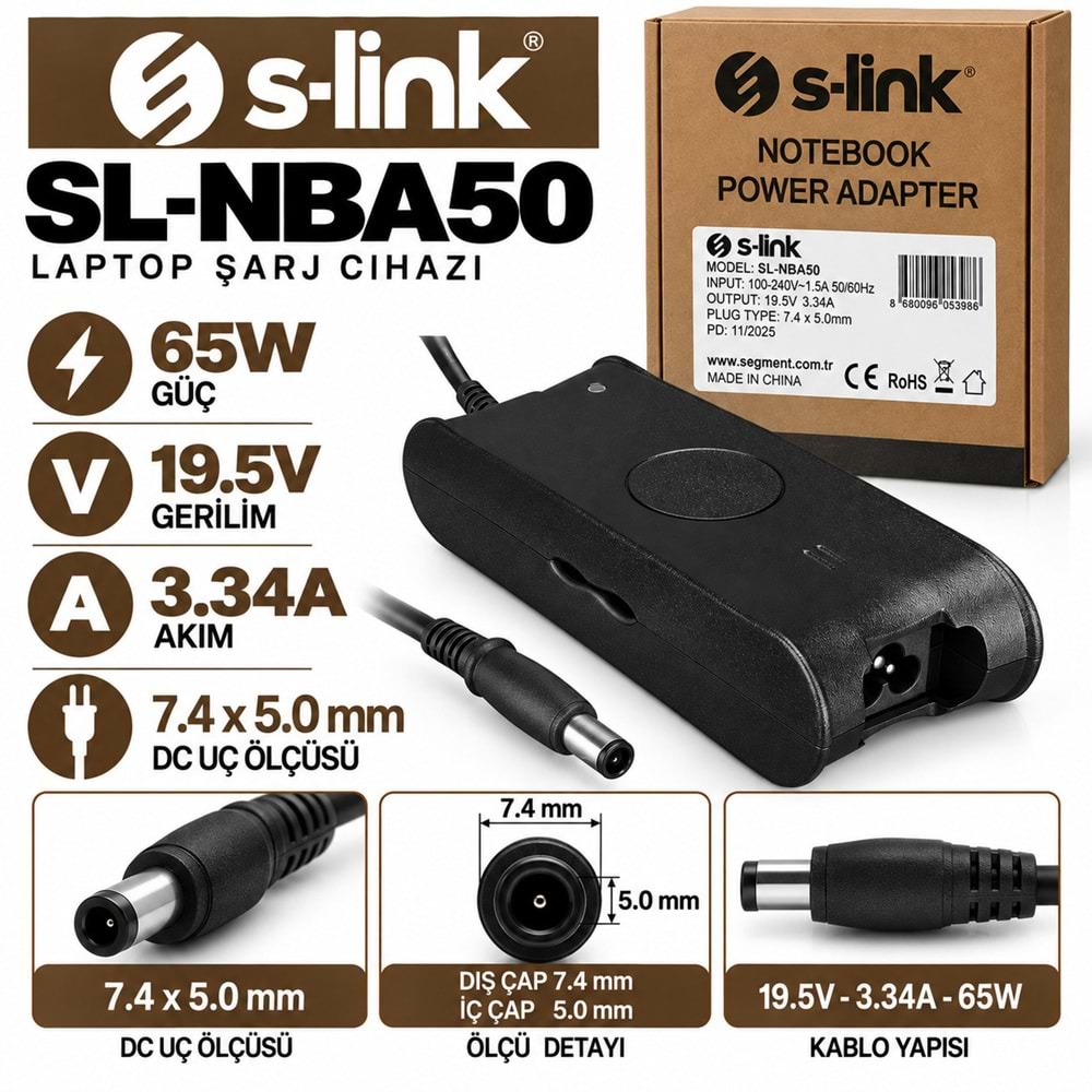 S-LINK SL-NBA50 65W 19.5V 3.34A / 7.4 × 5.0 mm Dell Notebook - Laptop Adaptörü