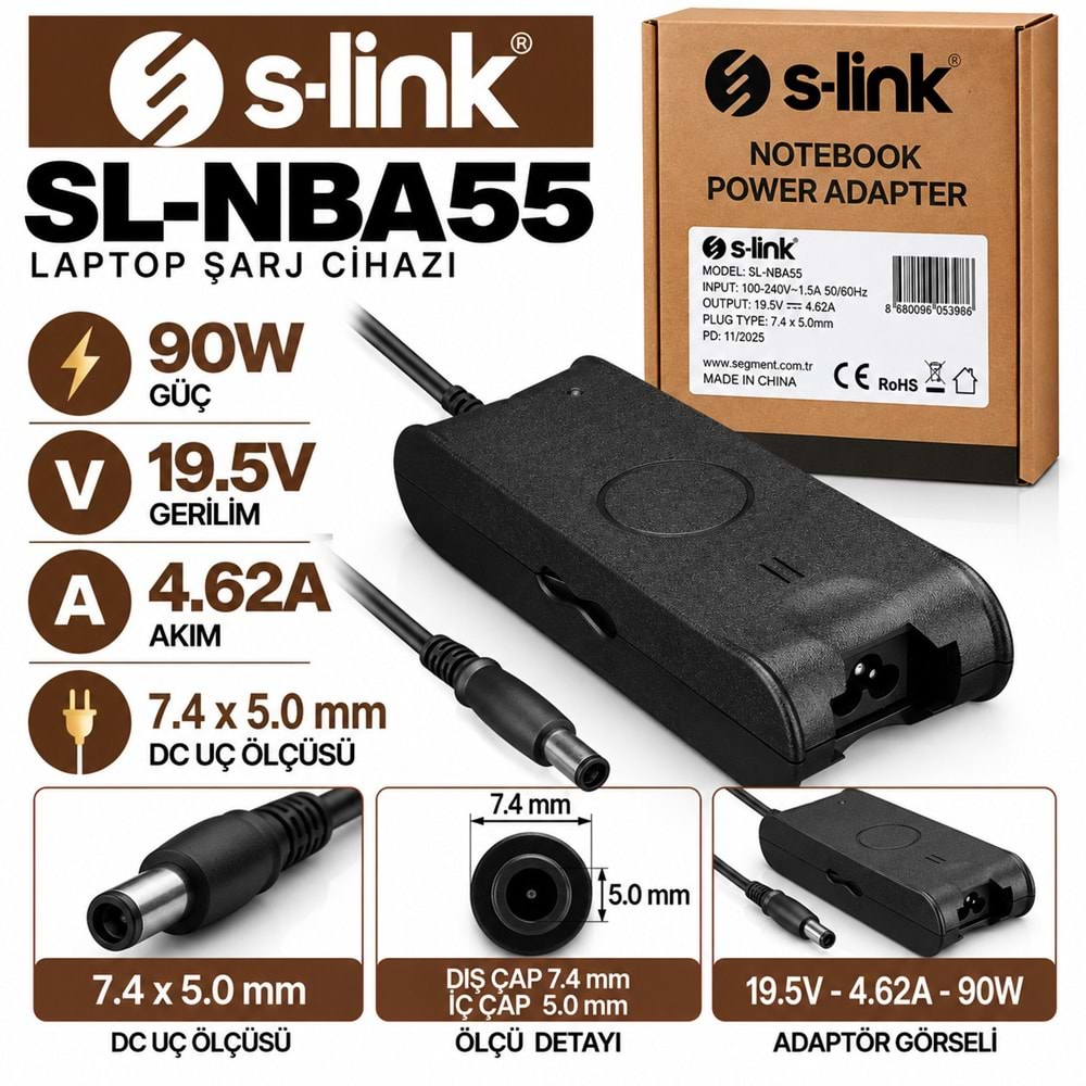 S-LINK SL-NBA55 90W 19.5V 4.62A / 7.4 × 5.0 mm Dell Notebook - Laptop Adaptörü