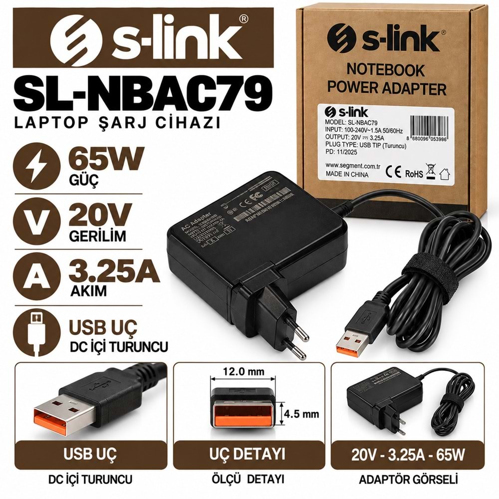 S-LINK SL-NBAC79 65W 20V 3.25A / Type-C Uç MacBook Lenovo Dell HP Asus Laptop-Notebook Adaptörü