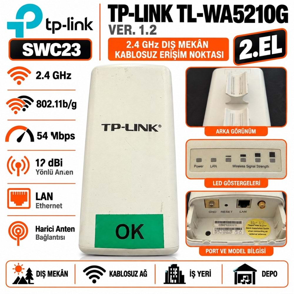 TP-LINK TL-WA5210G Ver. 1.2 Dış Mekan 2.4GHz 2.EL Kablosuz Wi-Fi Access Point Ağ Erişim Noktası