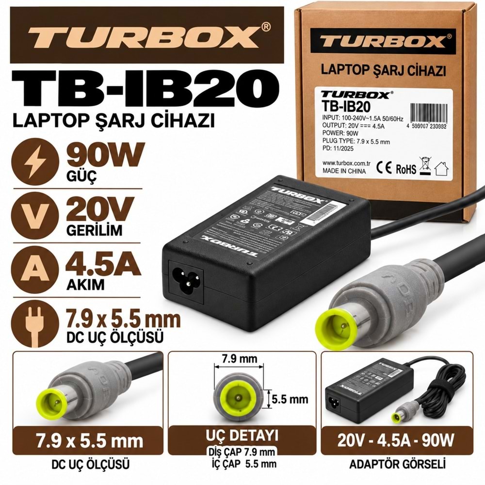 TURBOX TE-IB20 90W 20V 4.5A / 7.9 × 5.5 mm IBM / Lenovo / ThinkPad / Notebook - Laptop Adaptörü