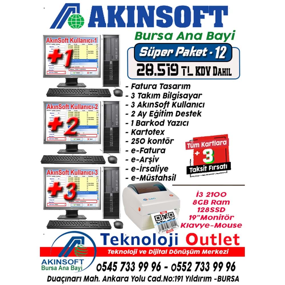 Akınsoft Anabayi TeknolojiOutlet Paket 12 Super + 3 Hediye Takım Pc Yazıcı