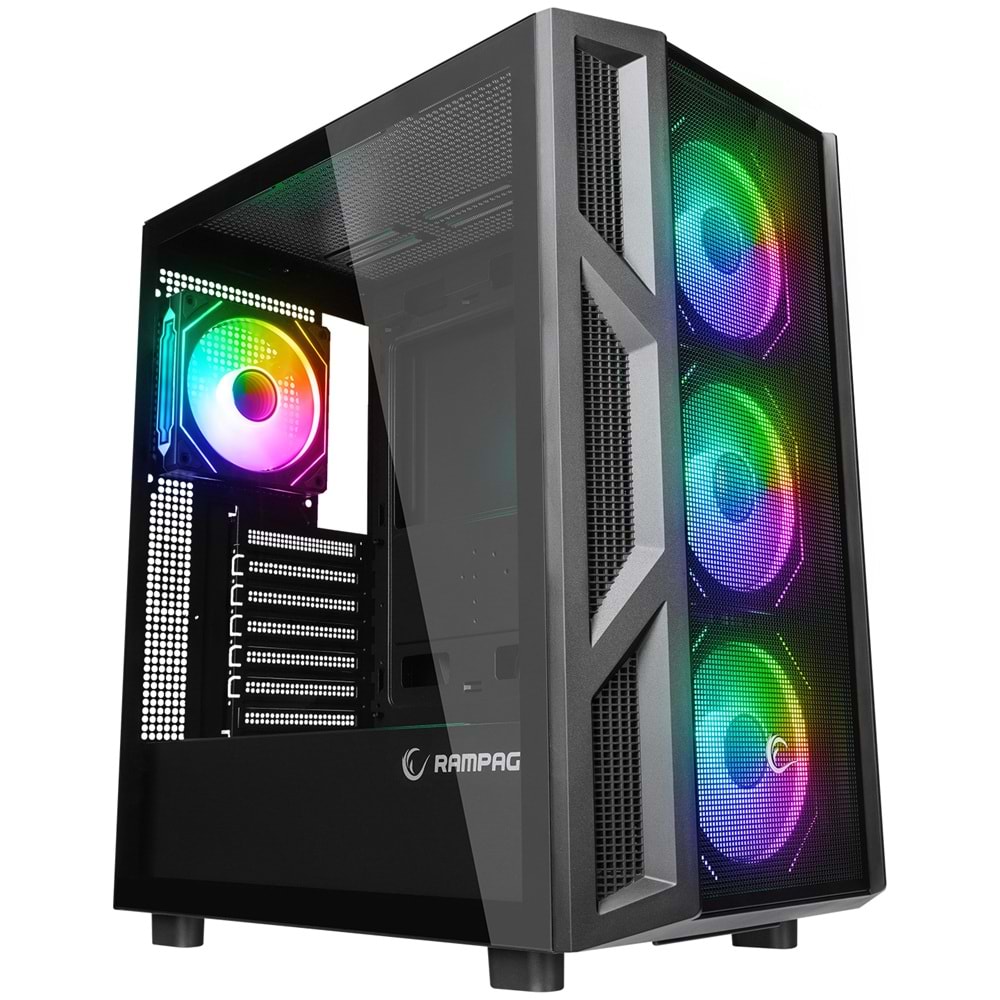 Rampage HUMBLE Mesh Siyah Temperli Camlı 4x12cm RGB Fan ATX Mid-T Gaming Oyuncu Kasası