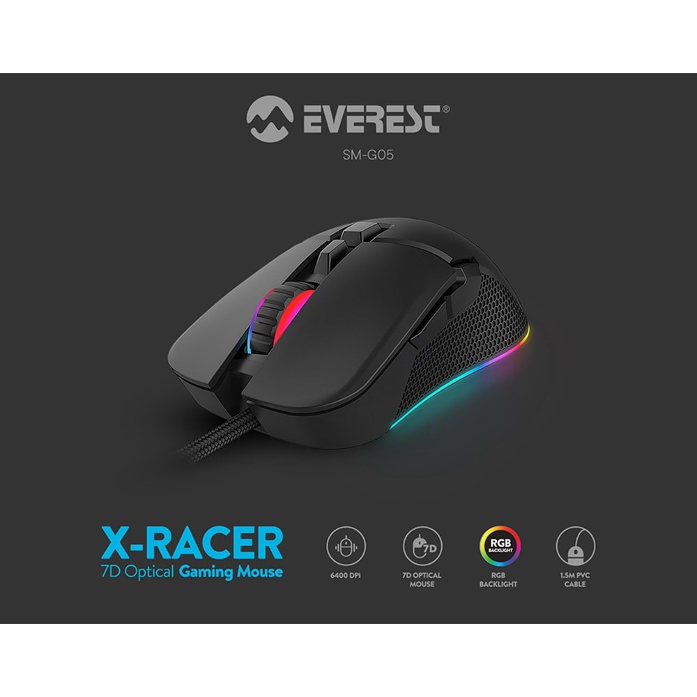 Everest SM-G05 X-RACER Usb Siyah 6400dpi RGB Ledli Gaming Oyuncu Mouse