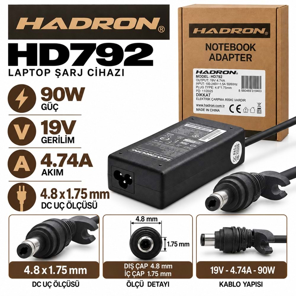 HADRON HD792 90W 19V 4.74A / 4.8 × 1.7 mm HP / ASUS / SAMSUNG / Notebook - Laptop Adaptörü