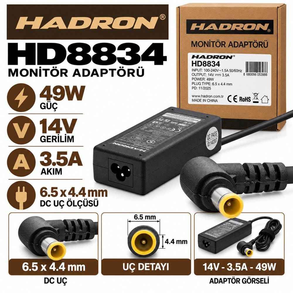 HADRON HD8834 49W 14V 3.5A / 6.5 × 4.4 mm SAMSUNG / LG / Notebook - Laptop Adaptörü