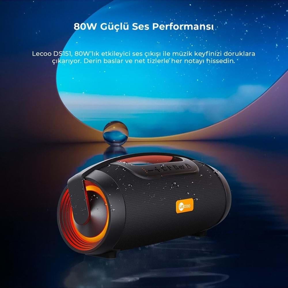 Lecoo DS151 Boombox RGB Bluetooth 5.0 Stereo 80W TWS IPX5 Taşınabilir Hoparlör Siyah