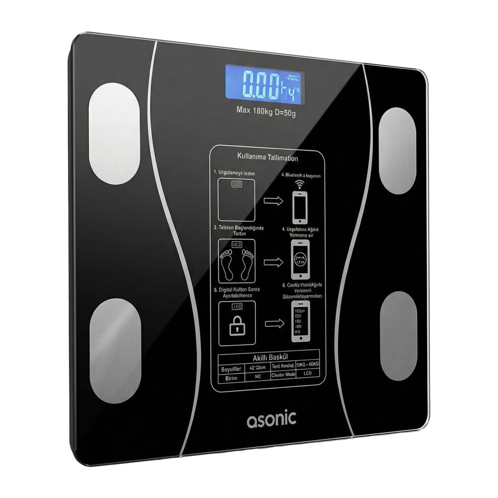 Asonic BS260 Siyah 260x260mm Boyutunda 2*AAA Pil Hediyeli Dijital Bluetooth Baskül