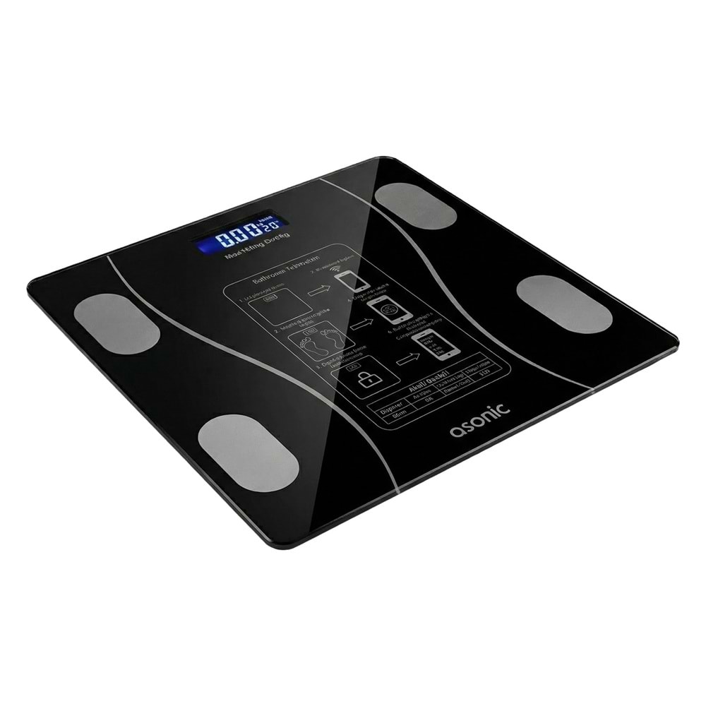 Asonic BS260 Siyah 260x260mm Boyutunda 2*AAA Pil Hediyeli Dijital Bluetooth Baskül