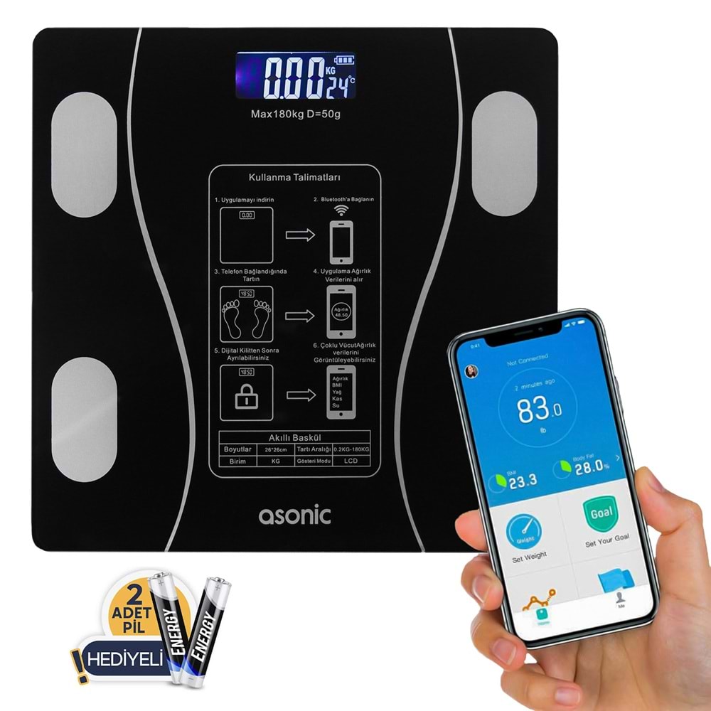 Asonic BS260 Siyah 260x260mm Boyutunda 2*AAA Pil Hediyeli Dijital Bluetooth Baskül