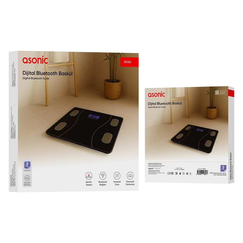 Asonic BS260 Siyah 260x260mm Boyutunda 2*AAA Pil Hediyeli Dijital Bluetooth Baskül