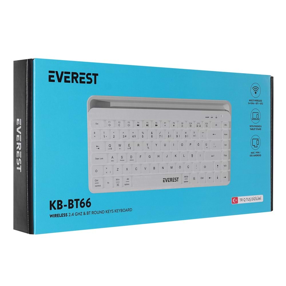 Everest KB-BT66 Beyaz 2.4G+BT1+BT2 üçü bir arada 3 in 1 Q Kablosuz klavye