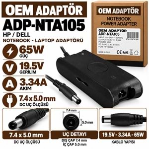 OEM ADAPTÖR ADP-NTA105 65W 19.5V 3.34A / 7.4 × 5.0 mm HP / Dell Notebook - Laptop Adaptörü