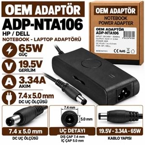 OEM ADAPTÖR ADP-NTA106 65W 19.5V 3.34A / 7.4 × 5.0 mm HP / Dell Notebook - Laptop Adaptörü