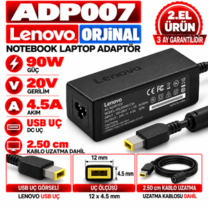 Lenovo Orjinal 90W 20V 4.5A USB Uç 2.EL USB Uç Notebook Laptop Adaptör ( 2.50cm Kablo Uzatma)