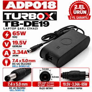 Turbox TB-DE19 65W 19.5v 3.34a 7.4*5.0mm 2.EL DELL Boru Uç Notebook Laptop Adaptör
