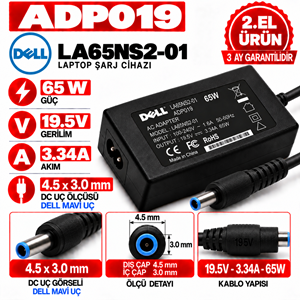 Dell LA65NS2-01 65W 19.5v 3.34A 4.5*3.0mm 2.EL HP Dell Mavi Uç Notebook Laptop Adaptör