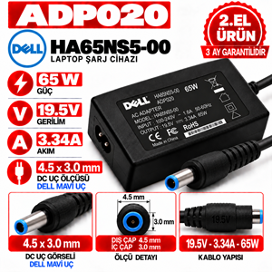 Dell HA65NS5-00 65W 19.5v 3.34A 4.5*3.0mm 2.EL HP Dell Mavi Uç Notebook Laptop Adaptör