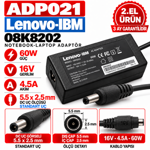 Lenovo IBM 08K8202 60W 16V 4.5A 5.5*2.5mm 2.EL Standart Uç Notebook Laptop Adaptör