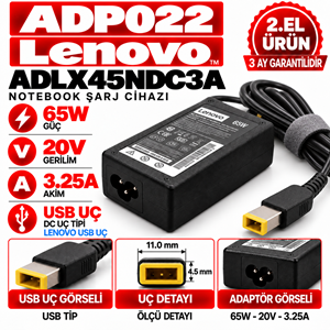 Lenovo ADLX45NDC3A 65W 20V 3.25A USB Uç 2.EL USB Uç Notebook Laptop Adaptör