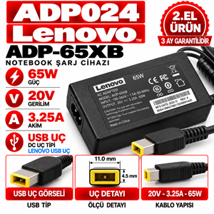Lenovo ADP-65XB 65W 20V 3.25A USB Uç 2.EL USB Uç Notebook Laptop Adaptör