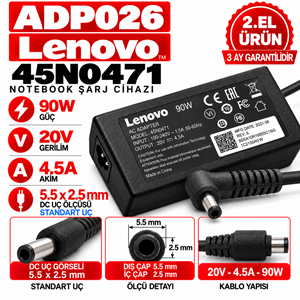 Lenovo 45N0471 90W 20V 4.5A 5.5*2.5mm 2.EL Standart Uç Notebook Laptop Adaptör