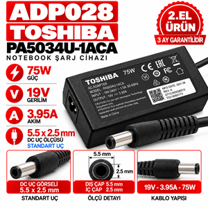 Toshiba PA5034U-1ACA 75W 19V 3.95A 5.5*2.5mm 2.EL Standart Uç Notebook Laptop Adaptör