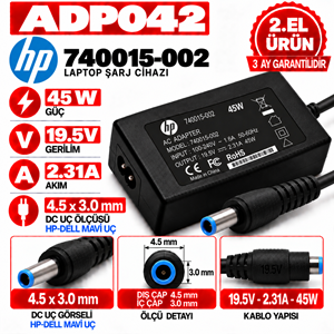 Hp 740015-002 45W 19.5v 2.31A 4.5*3.0mm 2.EL HP Dell Mavi Uç Notebook Laptop Adaptör