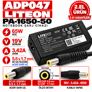 Liteon Pa-1650-50 65W 19V 3.42A 5.5*1.7mm 2.EL Acer Sarı Uç Notebook Laptop Adaptör