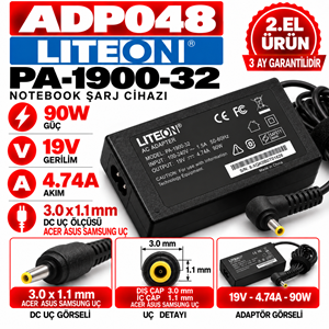 Liteon PA-1900-32 90W 19V 4.74A 3.0*1.1mm 2.EL Acer Asus Samsung Uç Notebook Laptop Adaptör