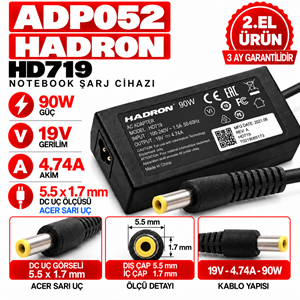 HADRON hd719 90W 19V 4.74A 5.5*1.7mm 2.EL Acer Sarı Uç Notebook Laptop Adaptör