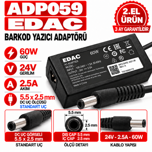 Edac 60W 24V 2.5A 5.5*2.5mm 2.EL Standart Uç Barkod Yazıcı Adaptörü