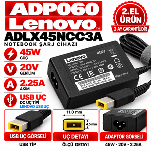 Lenovo ADLX45NCC3A 45W 20V 2.25A USB Uç 2.EL USB Uç Notebook Laptop Adaptör