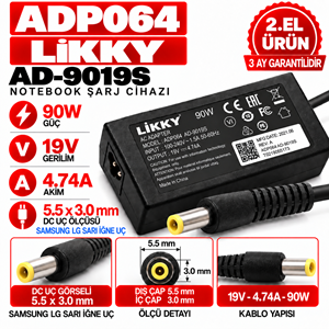 LİKKY ADP064 90W 19V 4.74A 5.5*3.0mm 2.EL Samsung LG Sarı İğneli Uç Notebook Laptop Adaptör