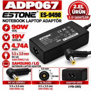 ESTONE ES-9498 90W 19V 4.74A 5.5*3.0mm 2.EL Samsung LG Sarı İğneli Uç Notebook Laptop Adaptör