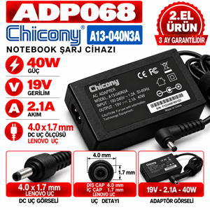 Chicony A13-040N3A 40W 19V 2.1A 4.0 *1.7mm 2.EL Lenovo Notebook Laptop Adaptör