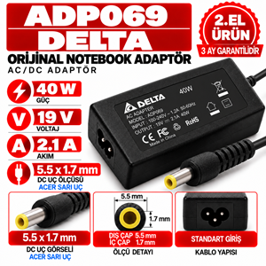 Delta ADP069 40W 19V 2.1A 5.5*1.7mm 2.EL Acer Sarı Uç Notebook Laptop Adaptör