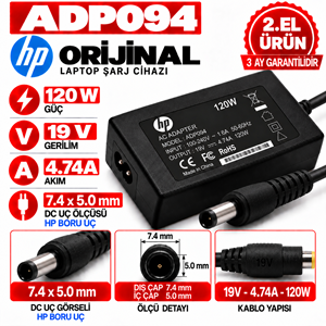 HP 120W 19V 4.74A 7.4*5.0mm 2.EL HP Boru Uç Notebook Laptop Adaptör