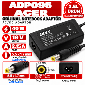 Acer Orijinal 40W 19V 2.15A 5.5*1.7mm 2.EL Acer Sarı Uç Notebook Laptop Adaptör
